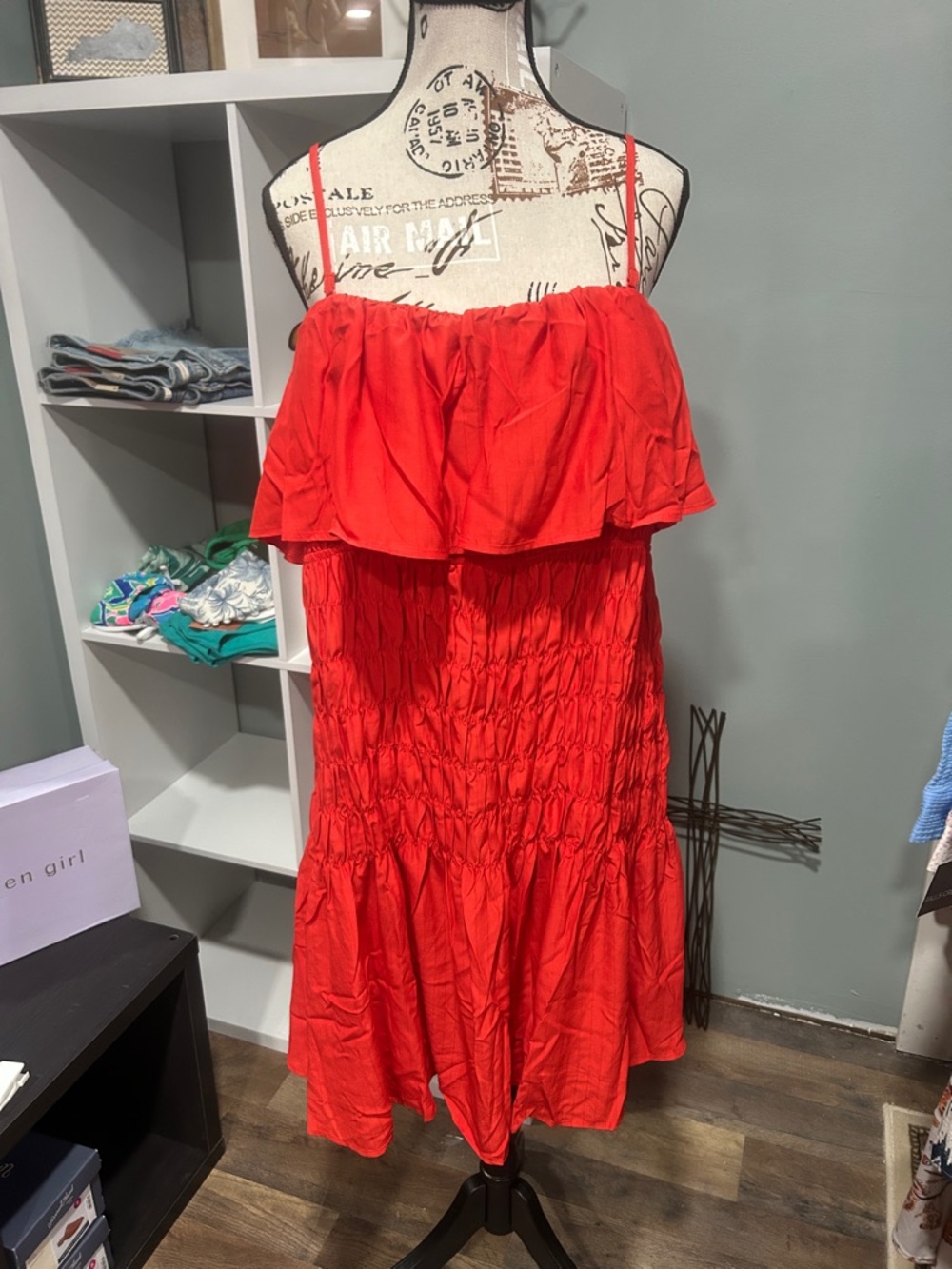Women's Red Smocked Strapless Ruffle Dress